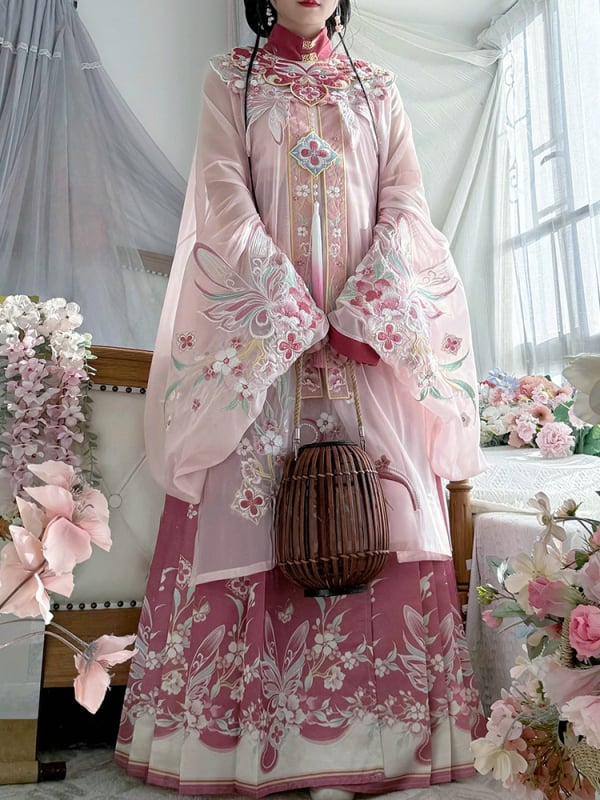 Hanfu s oblačnim ramenima, proljetno-ljetni set s suknjom s motivom konja, vez, mrežasti materijal, poliester