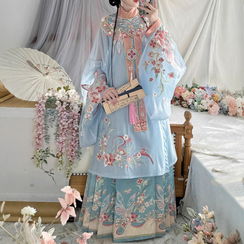 Hanfu s oblačnim ramenima, proljetno-ljetni set s suknjom s motivom konja, vez, mrežasti materijal, poliester