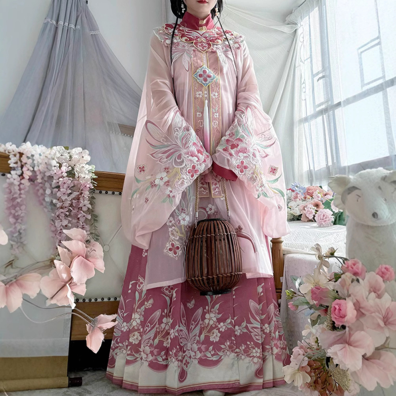 Hanfu s oblačnim ramenima, proljetno-ljetni set s suknjom s motivom konja, vez, mrežasti materijal, poliester