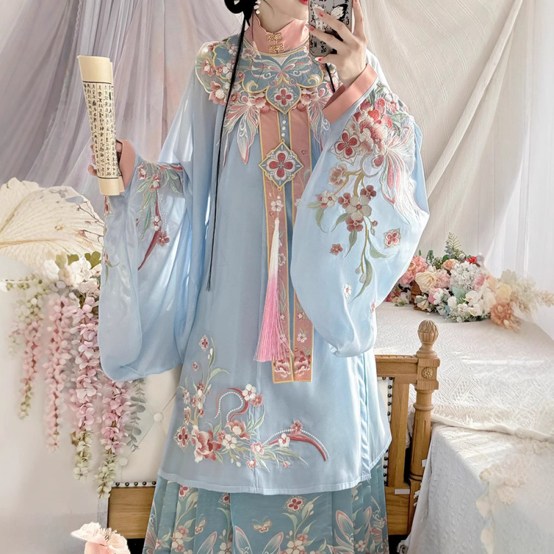 Hanfu s oblačnim ramenima, proljetno-ljetni set s suknjom s motivom konja, vez, mrežasti materijal, poliester