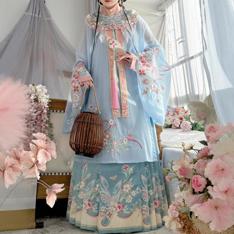 Hanfu s oblačnim ramenima, proljetno-ljetni set s suknjom s motivom konja, vez, mrežasti materijal, poliester