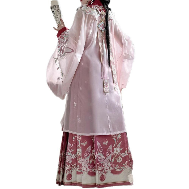 Hanfu s oblačnim ramenima, proljetno-ljetni set s suknjom s motivom konja, vez, mrežasti materijal, poliester