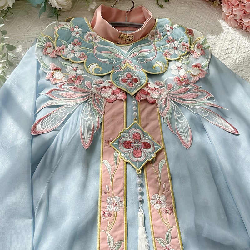Hanfu s oblačnim ramenima, proljetno-ljetni set s suknjom s motivom konja, vez, mrežasti materijal, poliester