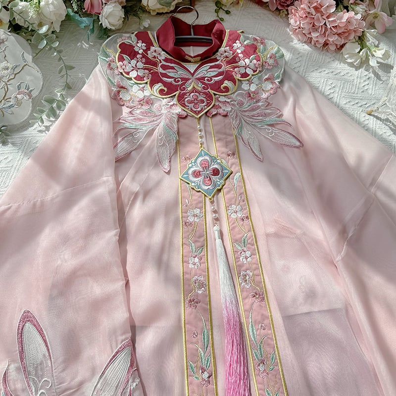Hanfu s oblačnim ramenima, proljetno-ljetni set s suknjom s motivom konja, vez, mrežasti materijal, poliester