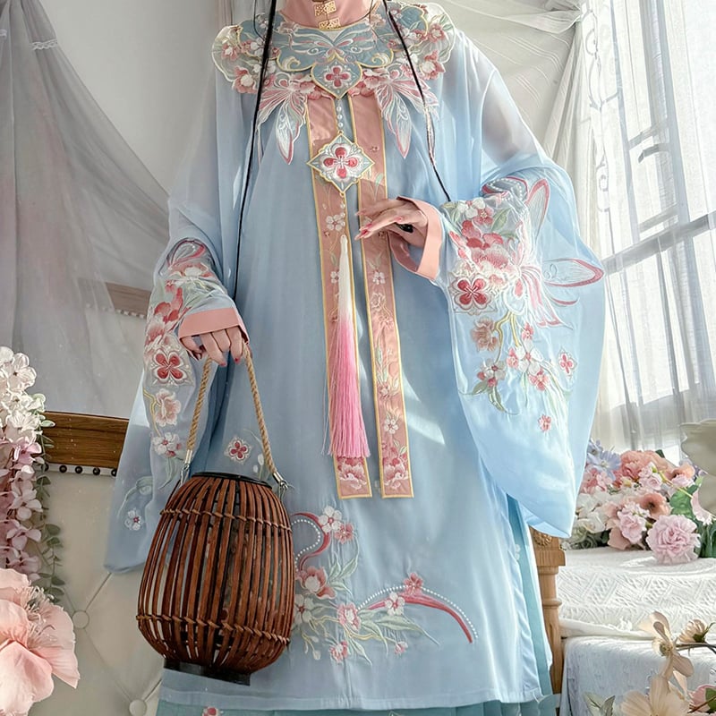 Hanfu s oblačnim ramenima, proljetno-ljetni set s suknjom s motivom konja, vez, mrežasti materijal, poliester