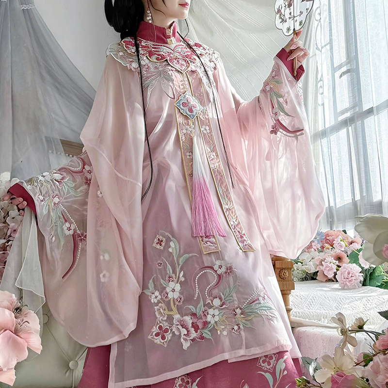 Hanfu s oblačnim ramenima, proljetno-ljetni set s suknjom s motivom konja, vez, mrežasti materijal, poliester