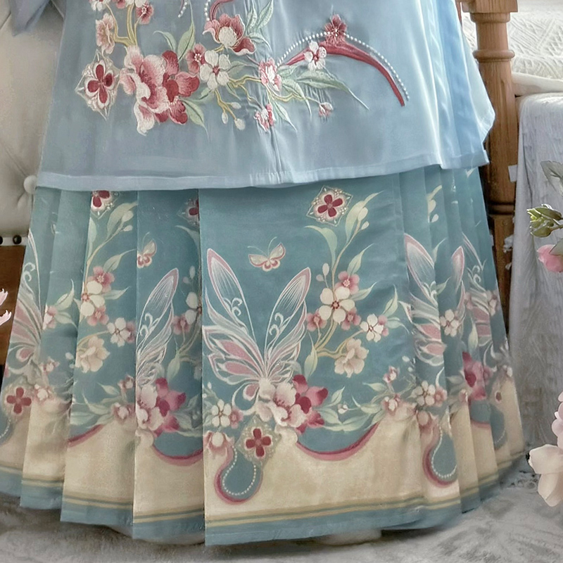 Hanfu s oblačnim ramenima, proljetno-ljetni set s suknjom s motivom konja, vez, mrežasti materijal, poliester