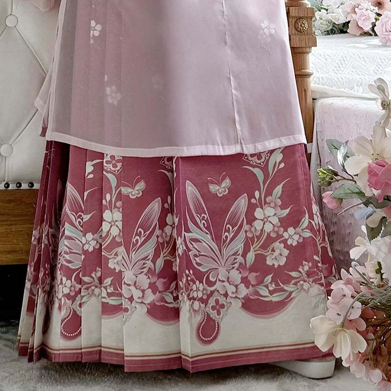 Hanfu s oblačnim ramenima, proljetno-ljetni set s suknjom s motivom konja, vez, mrežasti materijal, poliester
