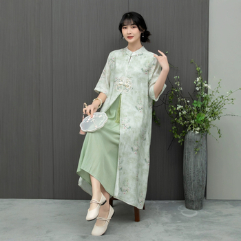 Nyári kínai stílusú, modern cheongsam ruha, laza szabású, A-vonalú midi hossz, plusz méret