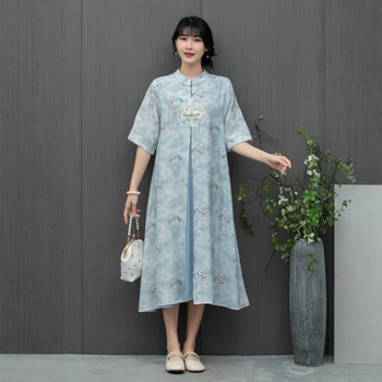 Nyári kínai stílusú, modern cheongsam ruha, laza szabású, A-vonalú midi hossz, plusz méret