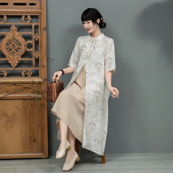 Nyári kínai stílusú, modern cheongsam ruha, laza szabású, A-vonalú midi hossz, plusz méret