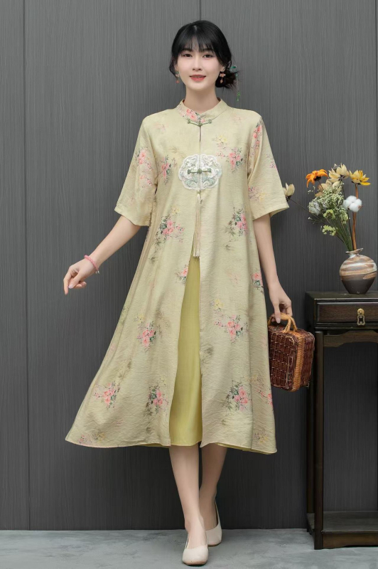Nyári kínai stílusú, modern cheongsam ruha, laza szabású, A-vonalú midi hossz, plusz méret