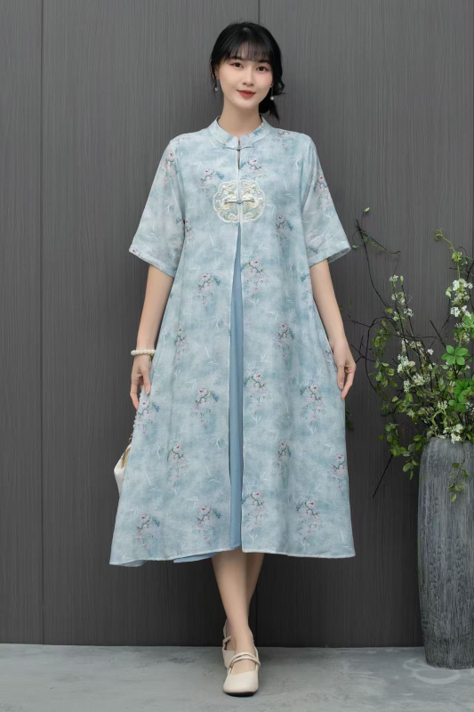 Nyári kínai stílusú, modern cheongsam ruha, laza szabású, A-vonalú midi hossz, plusz méret