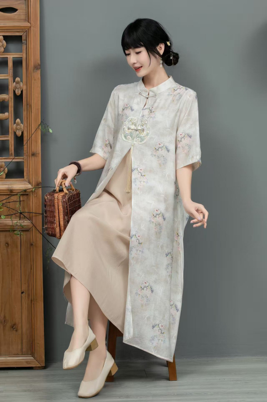 Nyári kínai stílusú, modern cheongsam ruha, laza szabású, A-vonalú midi hossz, plusz méret
