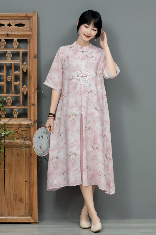 Nyári kínai stílusú, modern cheongsam ruha, laza szabású, A-vonalú midi hossz, plusz méret