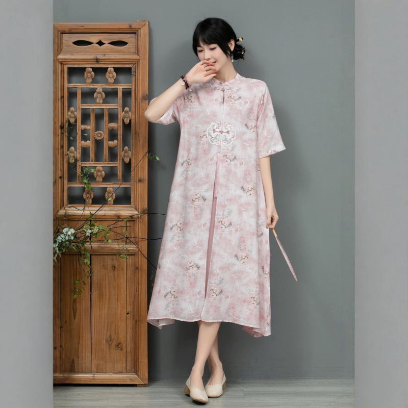 Nyári kínai stílusú, modern cheongsam ruha, laza szabású, A-vonalú midi hossz, plusz méret