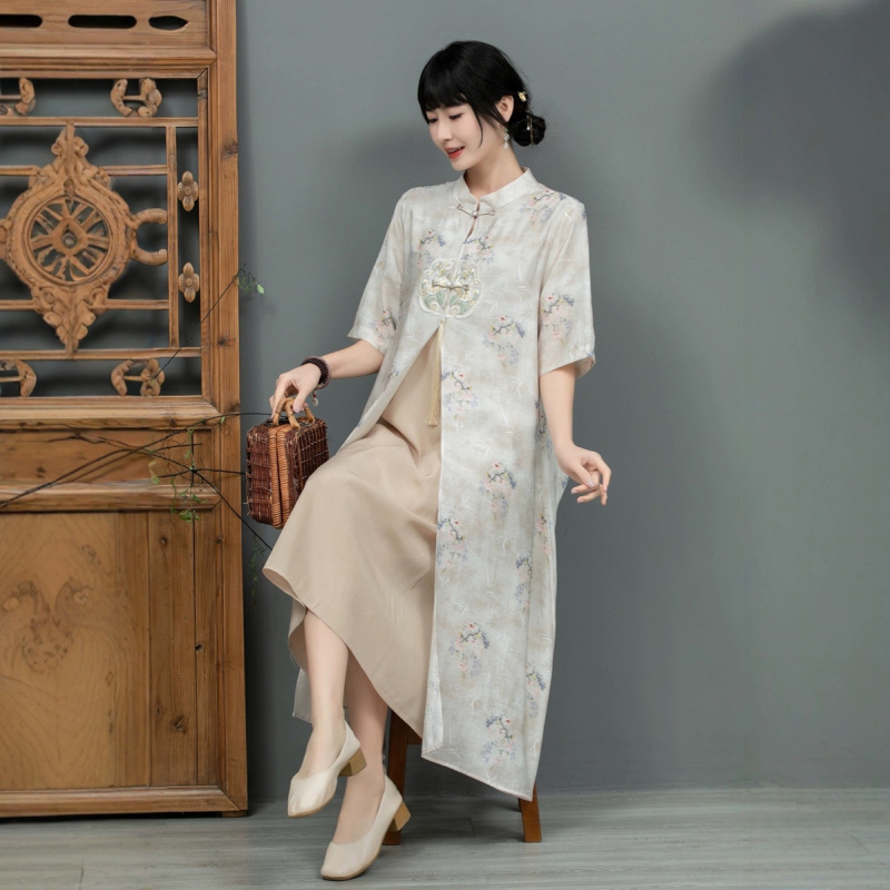 Nyári kínai stílusú, modern cheongsam ruha, laza szabású, A-vonalú midi hossz, plusz méret