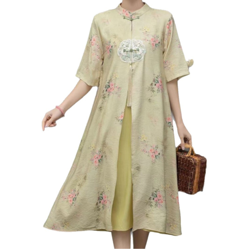 Nyári kínai stílusú, modern cheongsam ruha, laza szabású, A-vonalú midi hossz, plusz méret