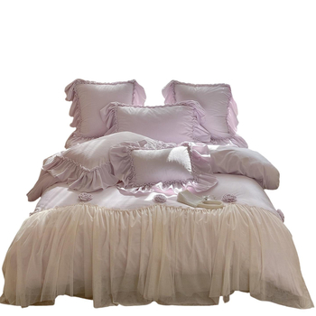 Girly Heart 2025 Set de lenjerie de pat velur în stil franțuzesc, cu flori 3D și dantelă la margine, set din patru piese, culoare Roșu Trandafir