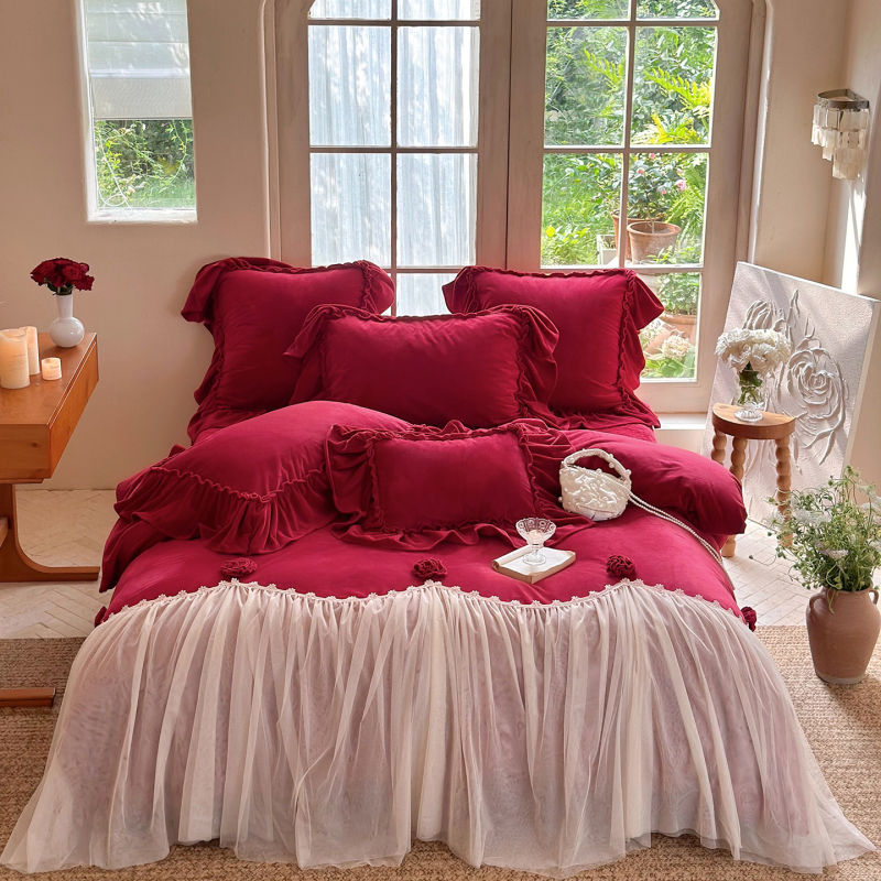 Girly Heart 2025 Set de lenjerie de pat velur în stil franțuzesc, cu flori 3D și dantelă la margine, set din patru piese, culoare Roșu Trandafir
