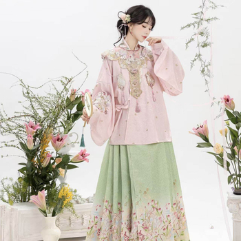 Luozhu Hanfu za žene, kineski stil dinastije Ming, kratka bluza s preklopnim ovratnikom i suknja Horse-face, proljetno izdanje za svakodnevno nošenje