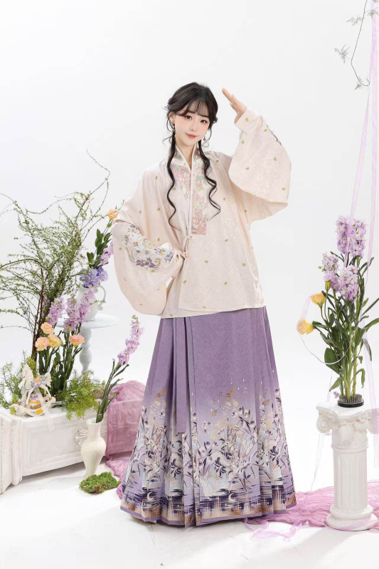 Luozhu Hanfu za žene, kineski stil dinastije Ming, kratka bluza s preklopnim ovratnikom i suknja Horse-face, proljetno izdanje za svakodnevno nošenje