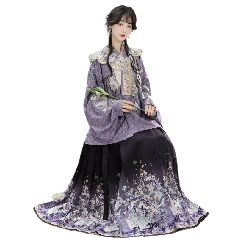 Luozhu Hanfu za žene, kineski stil dinastije Ming, kratka bluza s preklopnim ovratnikom i suknja Horse-face, proljetno izdanje za svakodnevno nošenje