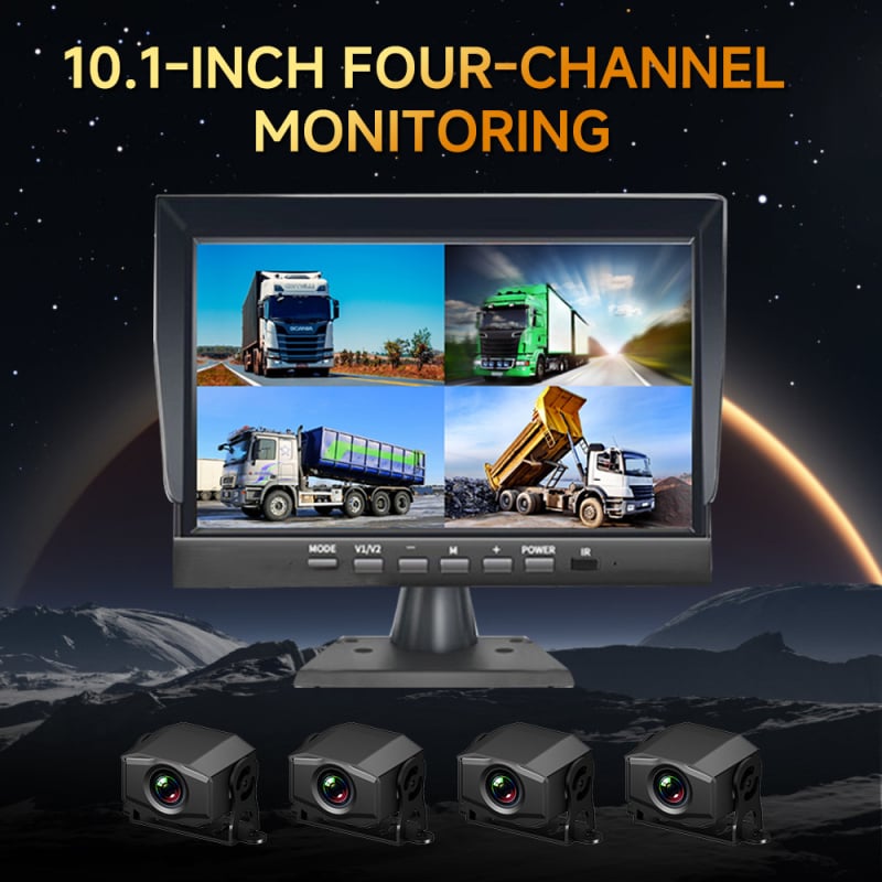 Kamionska dash kamera s integriranom stražnjom kamerom, četverokanalan nadzor, 1080p noćno snimanje, 12V/24V, 10-inčni zaslon