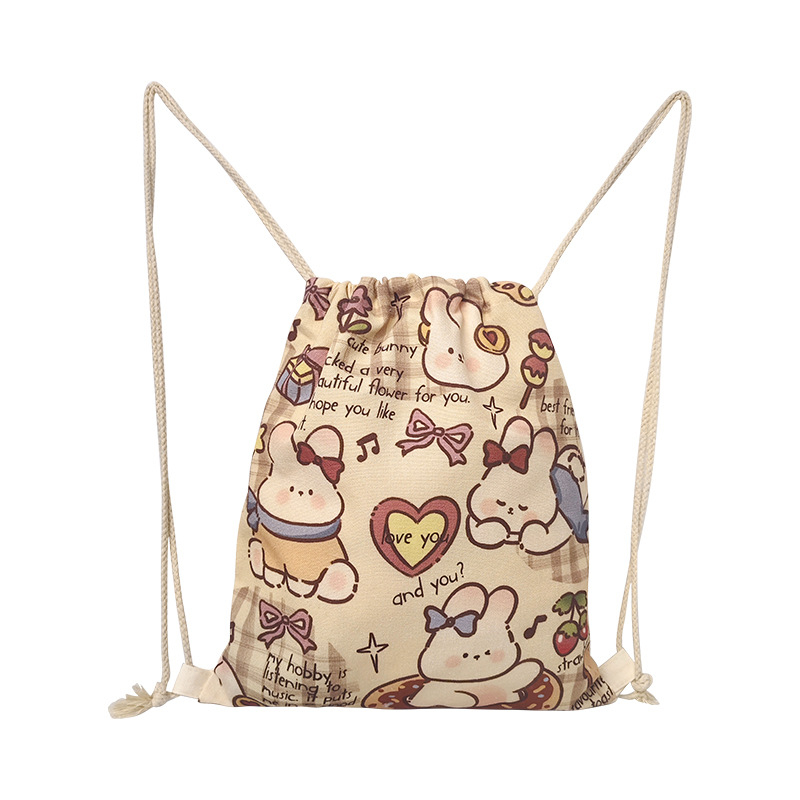 Retro nyuszis rajzokkal készült drawstring hátizsák vászonból, nagy kapacitású, nőknek, utazáshoz és iskolába, 2025 kiadás