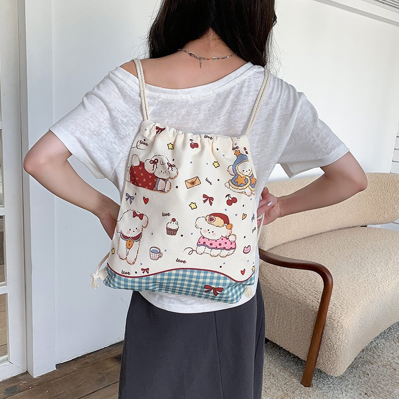 Retro nyuszis rajzokkal készült drawstring hátizsák vászonból, nagy kapacitású, nőknek, utazáshoz és iskolába, 2025 kiadás
