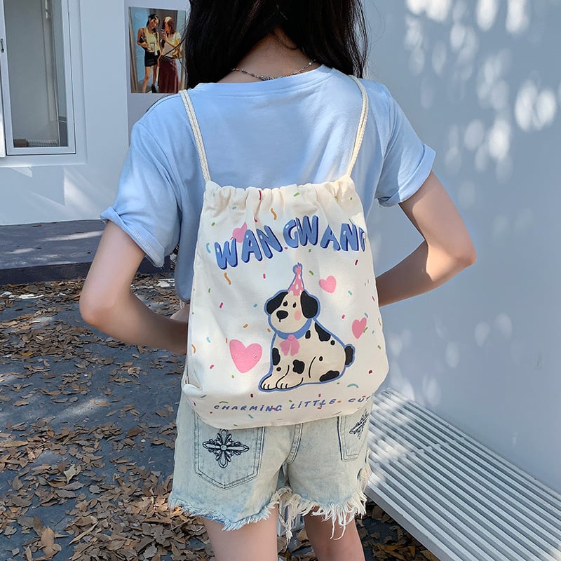 Retro nyuszis rajzokkal készült drawstring hátizsák vászonból, nagy kapacitású, nőknek, utazáshoz és iskolába, 2025 kiadás