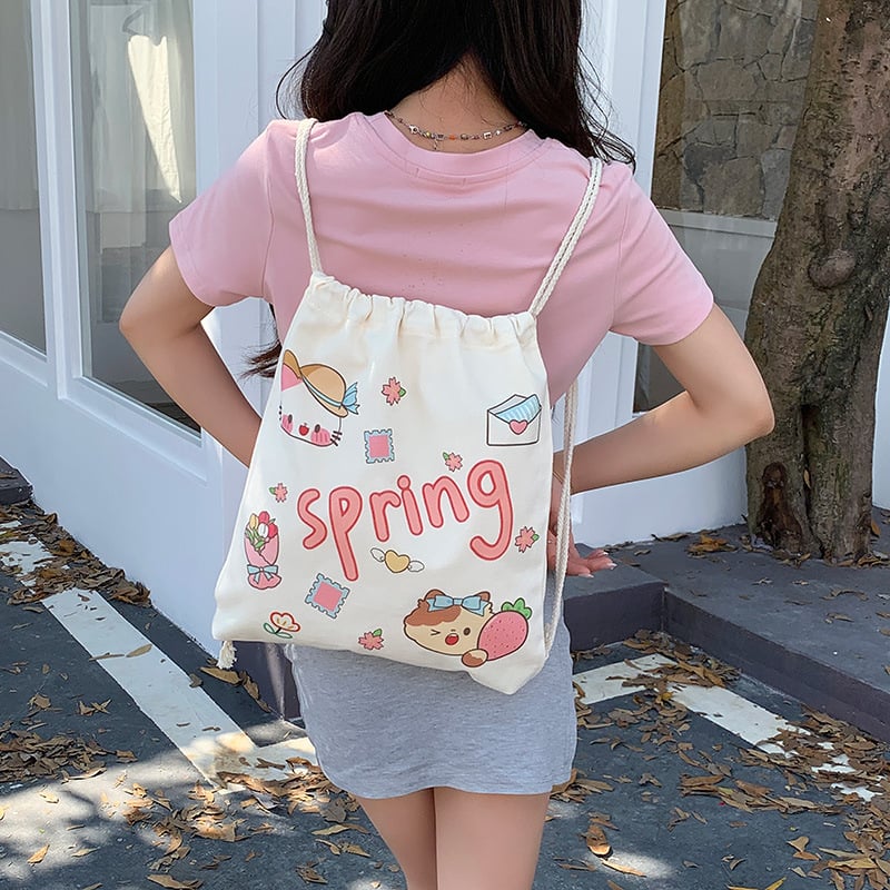 Retro nyuszis rajzokkal készült drawstring hátizsák vászonból, nagy kapacitású, nőknek, utazáshoz és iskolába, 2025 kiadás