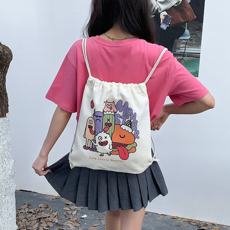Retro nyuszis rajzokkal készült drawstring hátizsák vászonból, nagy kapacitású, nőknek, utazáshoz és iskolába, 2025 kiadás
