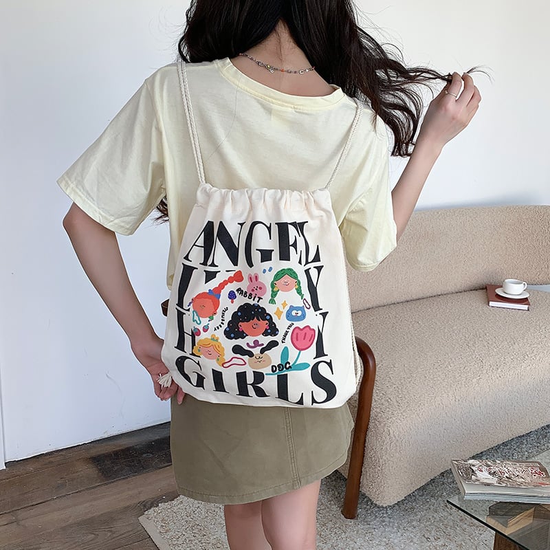 Retro nyuszis rajzokkal készült drawstring hátizsák vászonból, nagy kapacitású, nőknek, utazáshoz és iskolába, 2025 kiadás