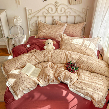 Set de patru piese din bumbac spălat, stil prințesă vintage, cu dantelă, model floral franțuzesc