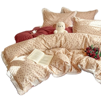 Set de patru piese din bumbac spălat, stil prințesă vintage, cu dantelă, model floral franțuzesc