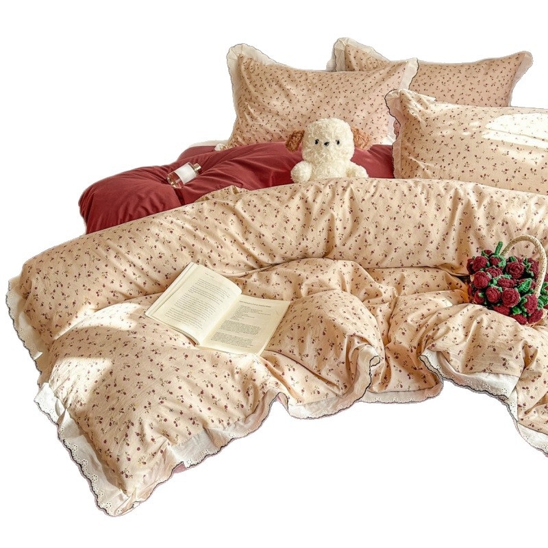 Set de patru piese din bumbac spălat, stil prințesă vintage, cu dantelă, model floral franțuzesc
