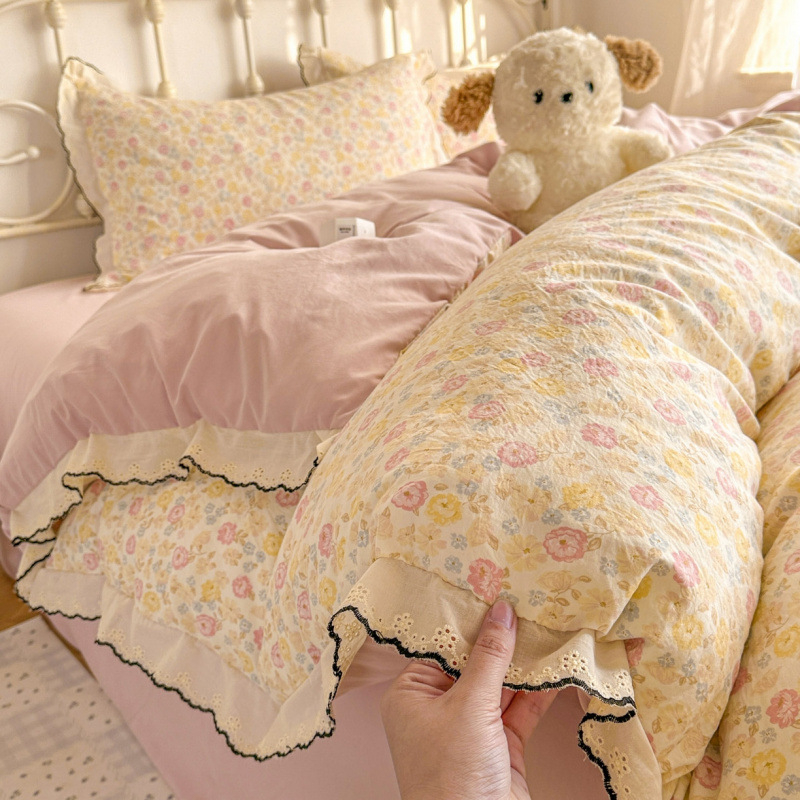 Set de patru piese din bumbac spălat, stil prințesă vintage, cu dantelă, model floral franțuzesc
