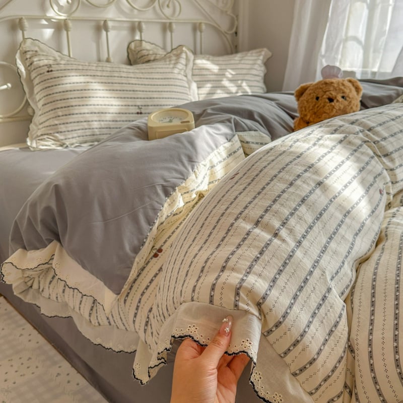 Set de patru piese din bumbac spălat, stil prințesă vintage, cu dantelă, model floral franțuzesc