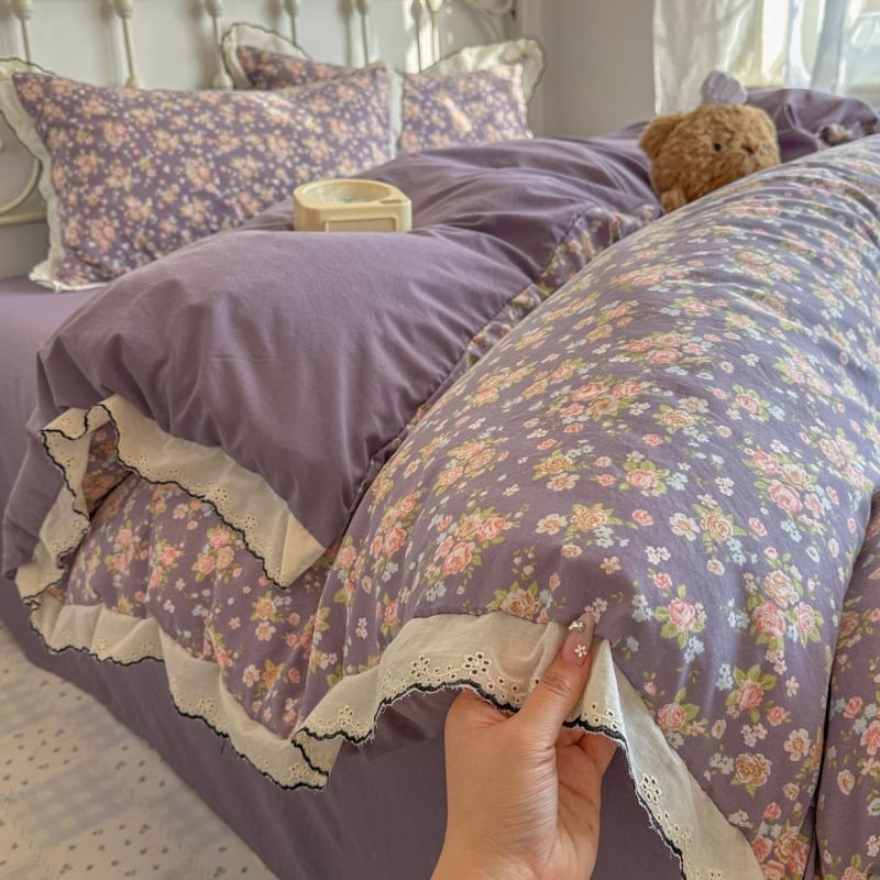 Set de patru piese din bumbac spălat, stil prințesă vintage, cu dantelă, model floral franțuzesc