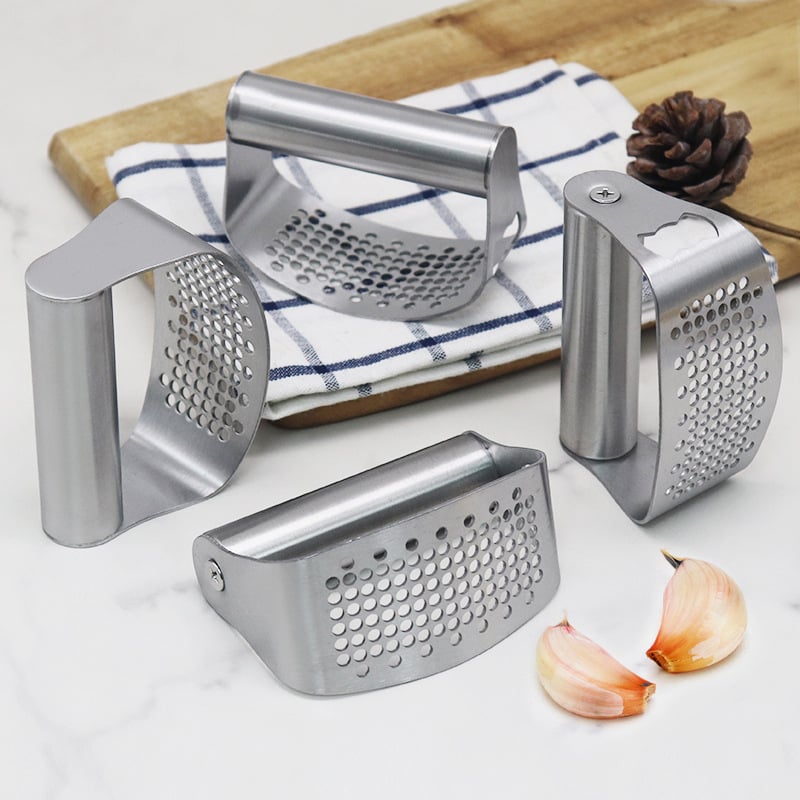 Kézi fokhagyma-prés 430-es rozsdamentes acélból, kör alakú dizájn, konyhai használatra