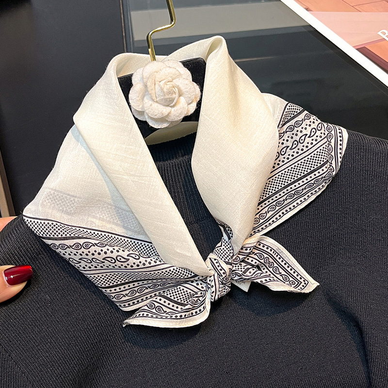 Crno-beli ženski turbanski šal, prozračan i elegantan dodatak za proljeće i ljeto, četvrtasti šal za kosu i trokutasti šal