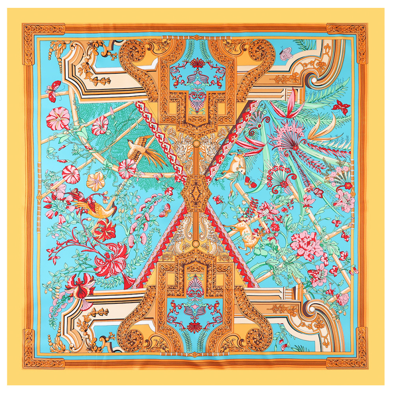 Ženski kvadratni šal od umjetne svile s cvjetnim uzorkom Feniks i jelen, 130 × 130 cm