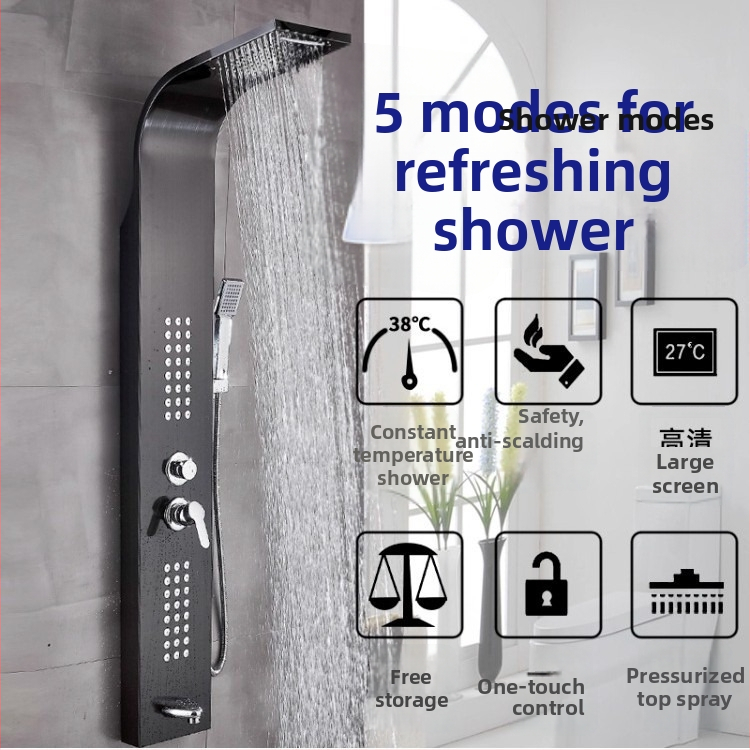Set sprch z 304 nerezovej ocele s digitálnym displejom, povrchová montáž, čierna dažďová sprcha hlava, na stenu
