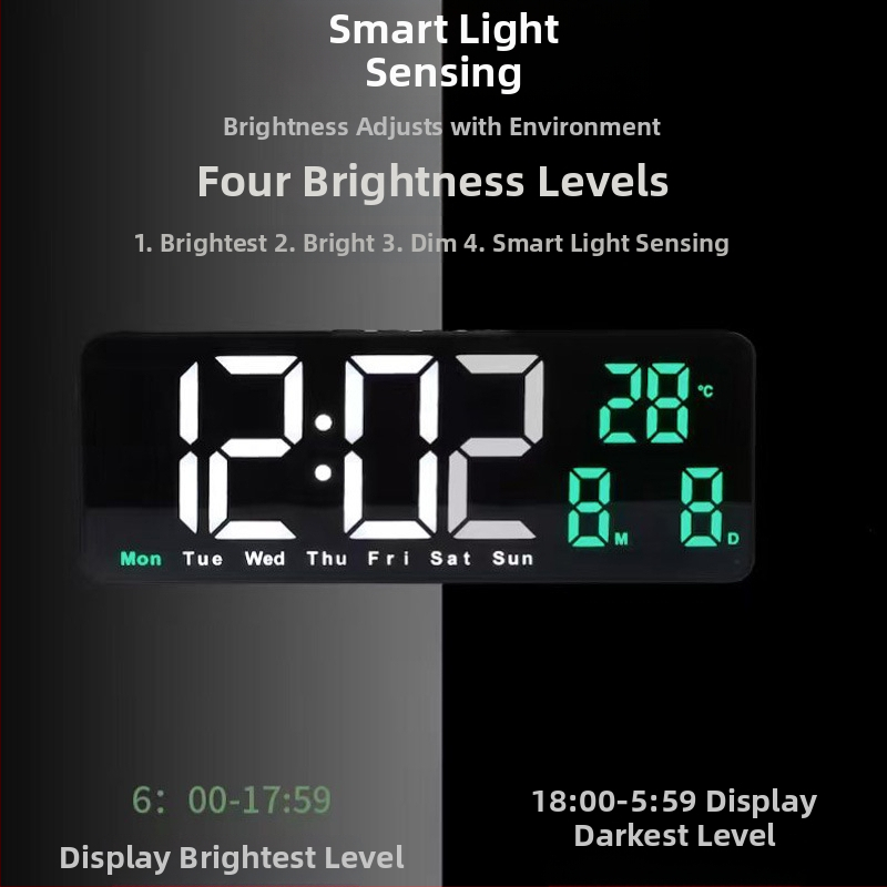 Štvorec LED digitálny budík na stenu alebo na stolík so snooze funkciou, senzor svetla, teplota, dátum a deň v týždni – moderný minimalistický dizajn