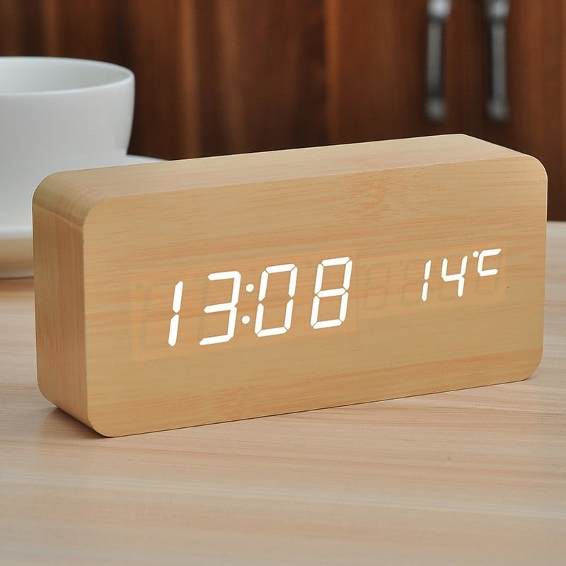 Drevený LED budík s digitálnym displejom, stolný viacfunkčný budík s hlasovým ovládaním, USB, pre študentov