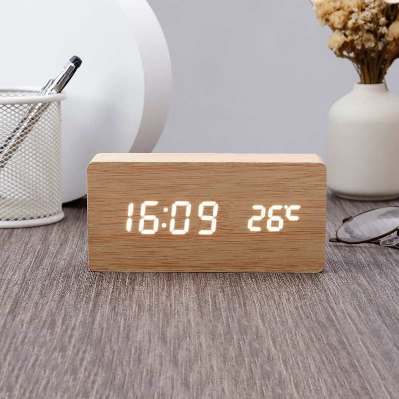 Drevený LED budík s digitálnym displejom, stolný viacfunkčný budík s hlasovým ovládaním, USB, pre študentov