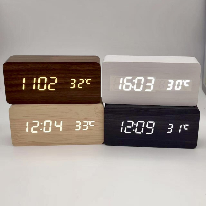 Drevený LED budík s digitálnym displejom, stolný viacfunkčný budík s hlasovým ovládaním, USB, pre študentov