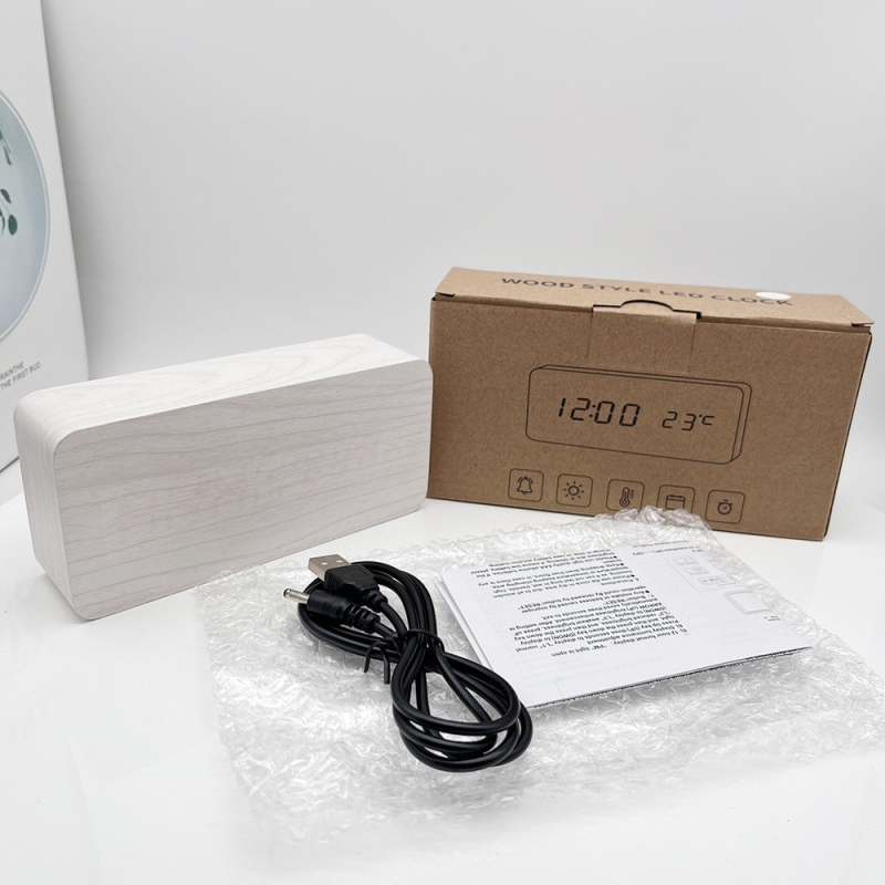 Drevený LED budík s digitálnym displejom, stolný viacfunkčný budík s hlasovým ovládaním, USB, pre študentov