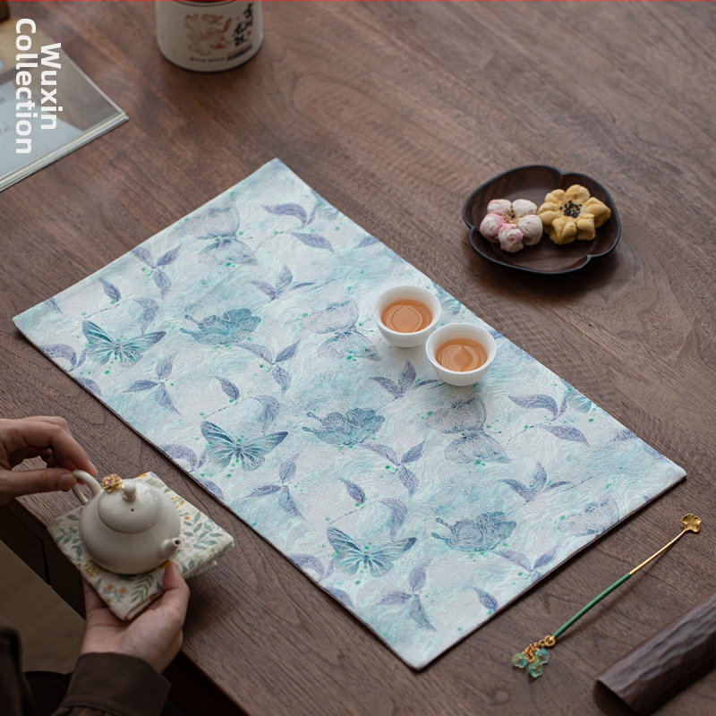 Wuxinji Brocade dvojstranná vodeodolná čajová podložka zo šatoviny, nový čínski štýl, zen inšpirovaná podložka na čajový stôl